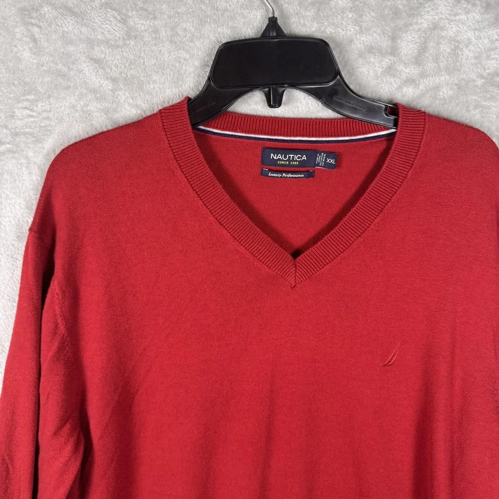 Nautica Sweater Mens 2XL‎ Red V Neck Pullover Luxury Performance Cotton Modal